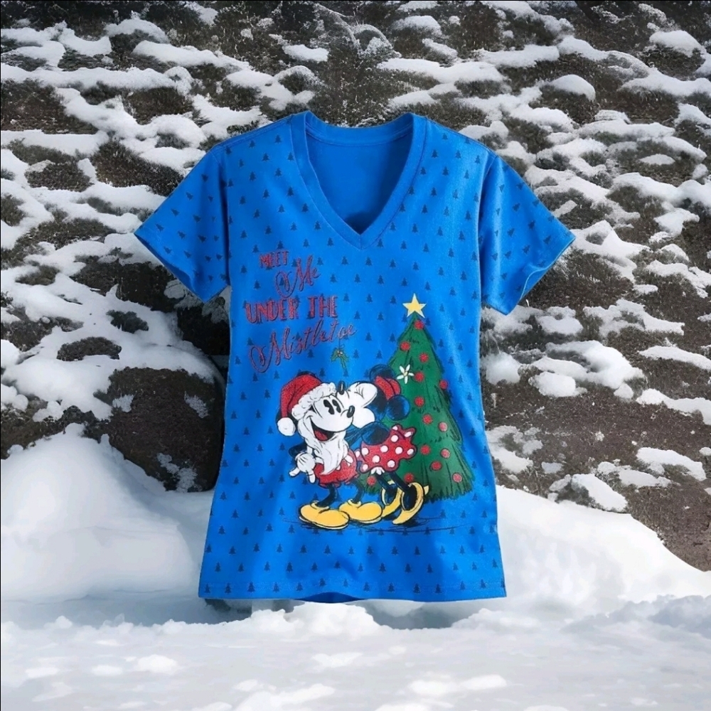 Disney Store Mickey & Minnie Mouse T-shirt  Christmas Blue Size XS *